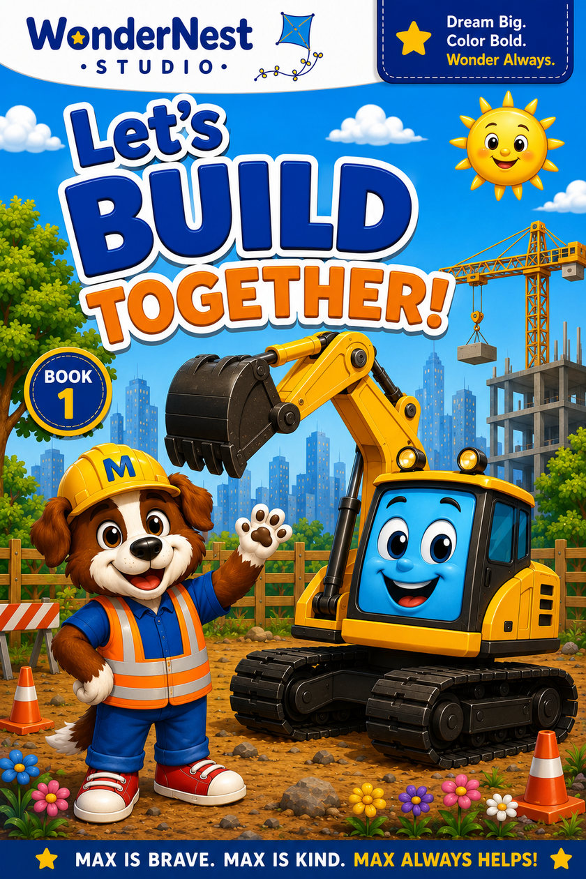 Cover of Let's Build Together! Book 1 - Max the puppy in a hard hat and safety vest waving beside a smiling yellow excavator on a construction site.