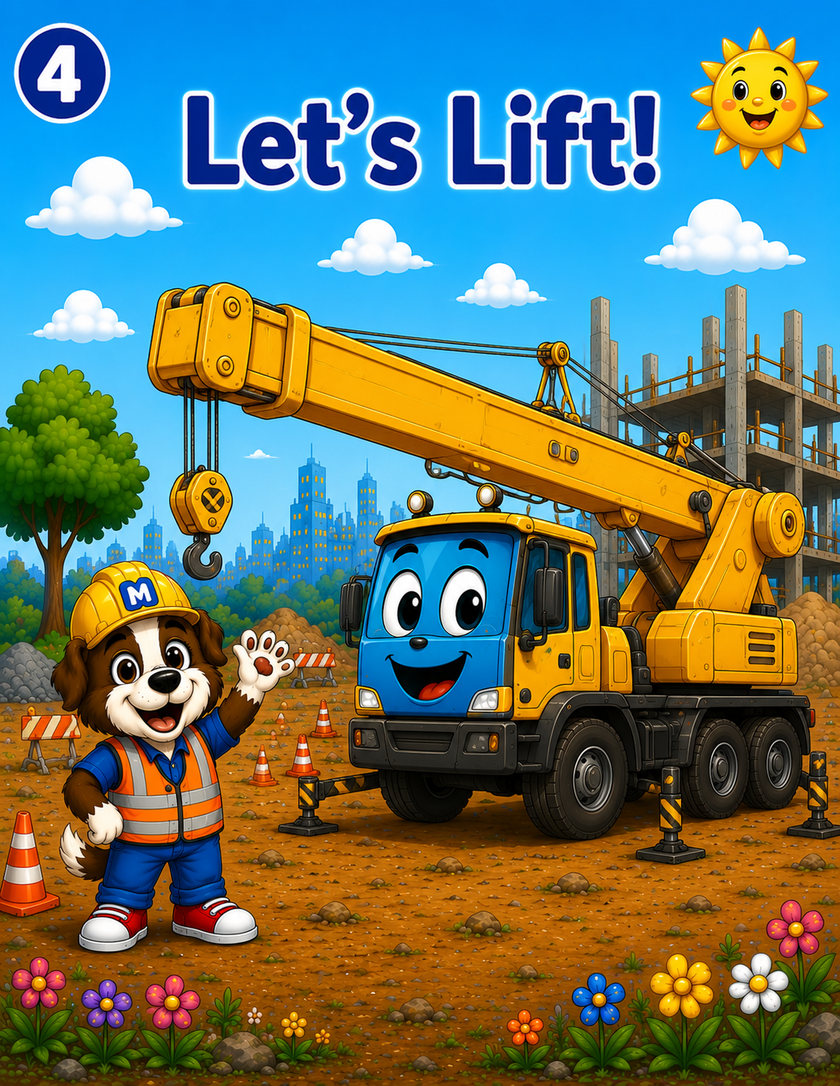 Let's Lift! - Max waves next to a friendly mobile crane with its boom raised beside a building under construction.