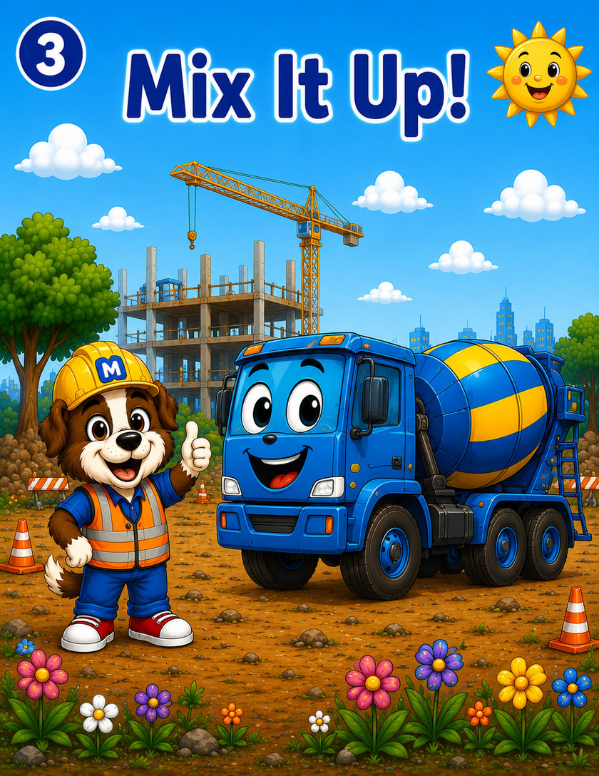 Mix It Up! - Max stands beside a cheerful blue and yellow cement mixer truck in front of a building site.