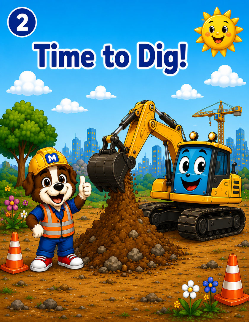 Time to Dig! - Max gives a thumbs up while a smiling yellow excavator tips a bucket of soil onto a dirt pile.