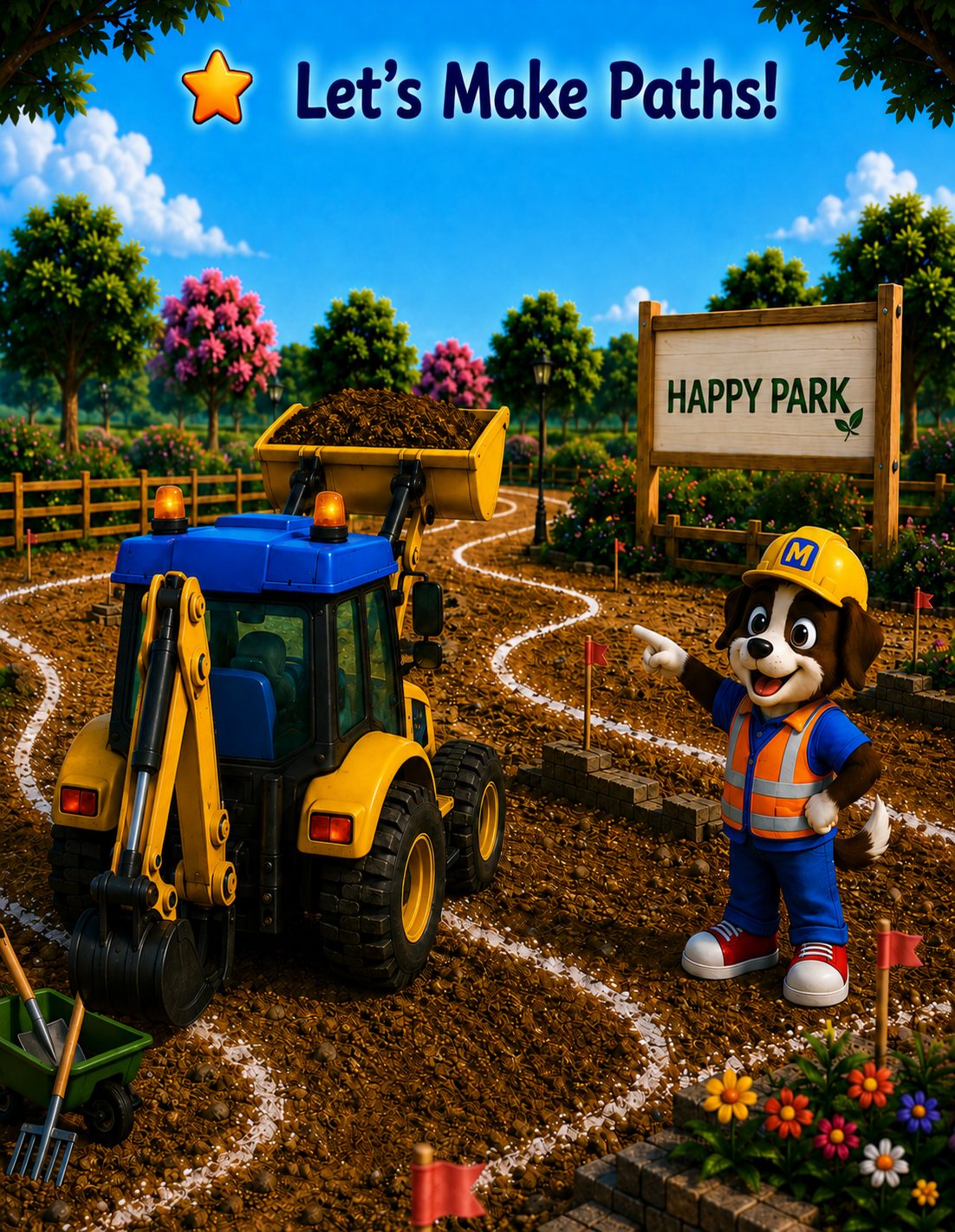 Let's Make Paths! - Max the puppy in his hard hat points out winding new paths through Happy Park while Benny the blue backhoe carries a load of soil past the Happy Park sign.