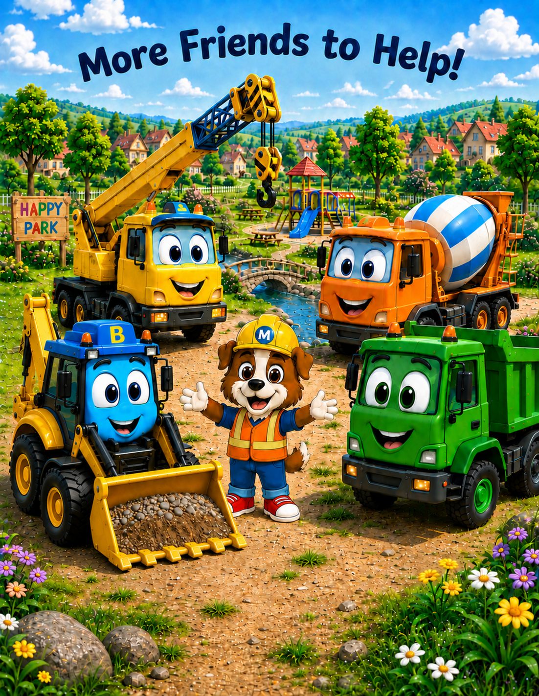 More Friends to Help! - Max cheers in the middle of the whole construction team: a crane truck, a cement mixer, Rex the dump truck and Benny the backhoe gathered in Happy Park.