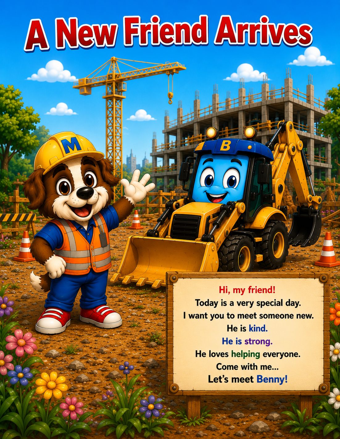 A New Friend Arrives - Max waves hello beside Benny, a cheerful blue and yellow backhoe, on a busy building site, next to a wooden sign inviting readers to meet Benny.