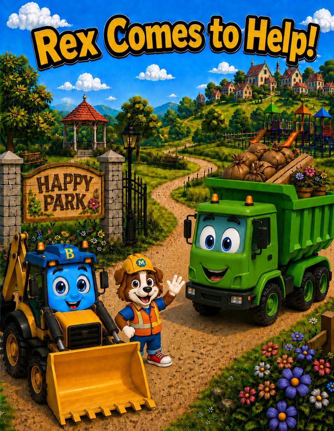 Rex Comes to Help! - Max waves as Rex the smiling green dump truck arrives at the Happy Park gate loaded with sacks and flower pots, with Benny the backhoe alongside.