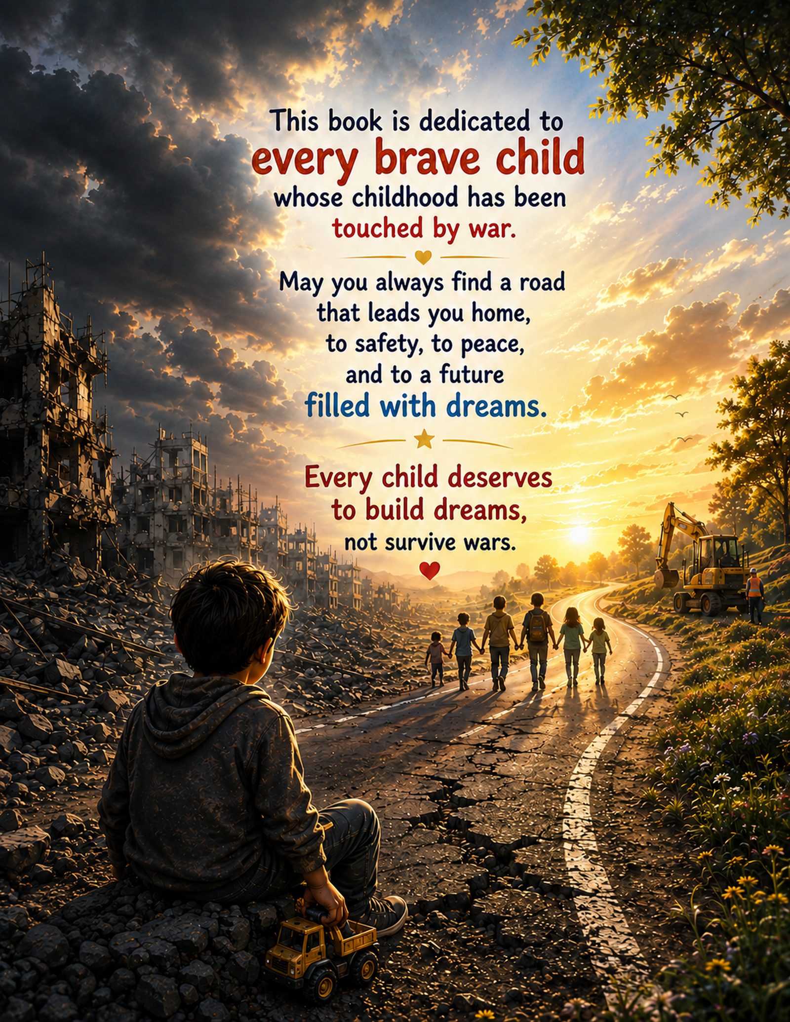 Back cover artwork for Rex and the Great Road Rescue: a boy sits with a toy construction truck on a rubble-strewn road beside ruined buildings, looking toward children walking hand in hand into a golden sunset, with an excavator rebuilding the green hillside on the right. The dedication reads: This book is dedicated to every brave child whose childhood has been touched by war. May you always find a road that leads you home, to safety, to peace, and to a future filled with dreams. Every child deserves to build dreams, not survive wars.