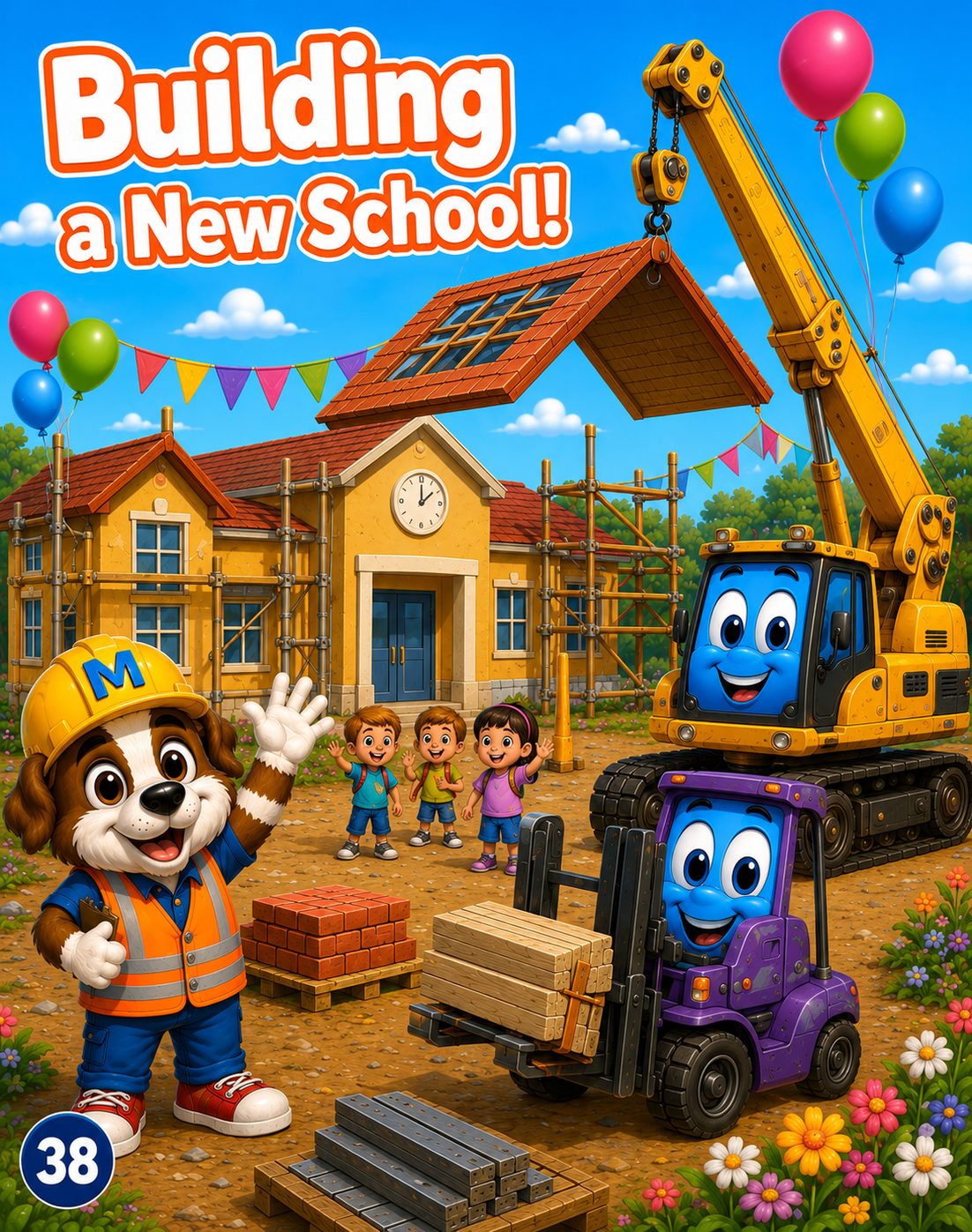 Building a New School! - Max waves to three children while a friendly crane lifts the roof into place and a purple forklift carries timber past the half-built school.