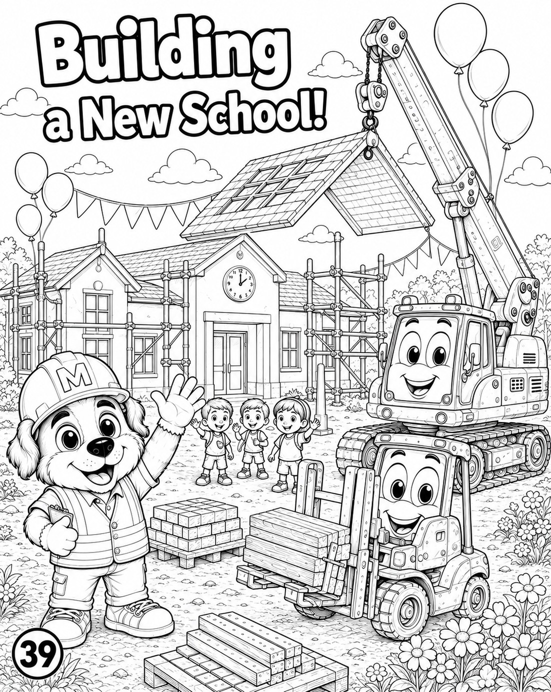 The matching black-and-white coloring page of Building a New School!, ready to color in.