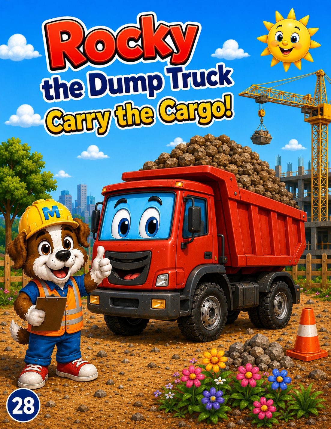 Rocky the Dump Truck, Carry the Cargo! - Max gives a thumbs up with his clipboard beside a smiling red dump truck loaded with rocks on a sunny construction site.