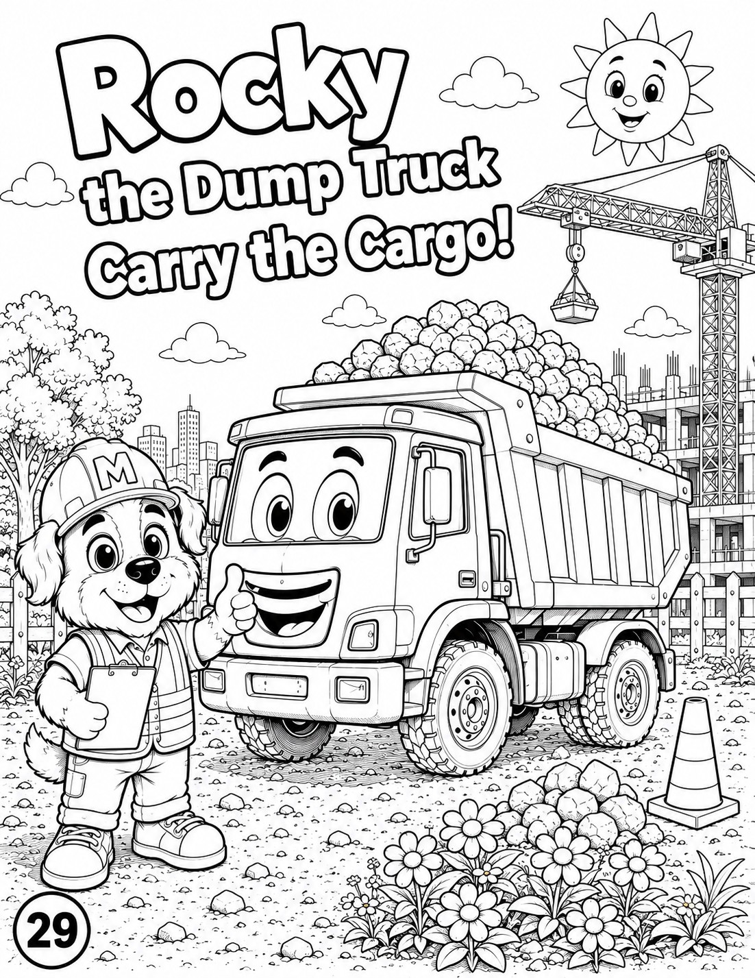 The matching black-and-white coloring page of Rocky the Dump Truck, Carry the Cargo!, ready to color in.
