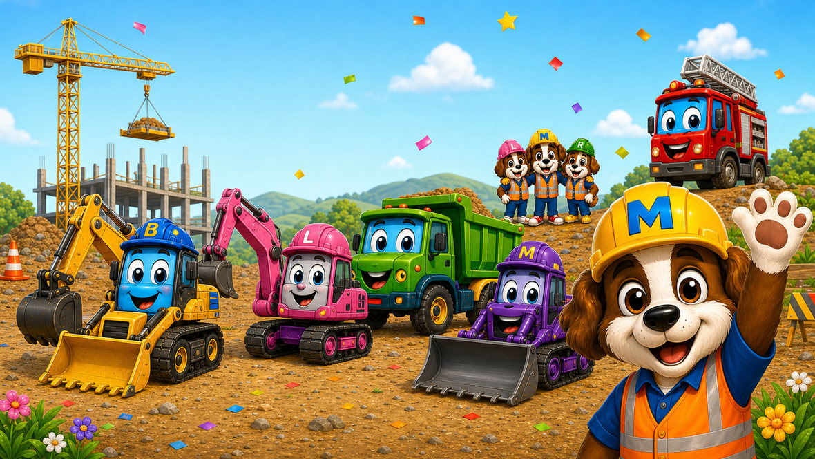 Max the puppy waving in his hard hat and safety vest, surrounded by his smiling construction machine friends and puppy pals.